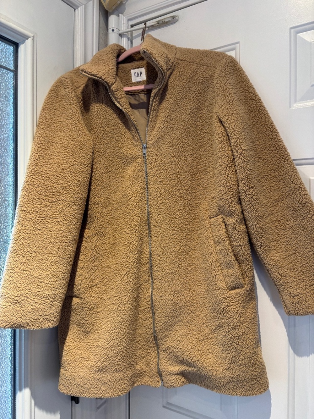 GAP Women's Small Camel Tan Sherpa Fleece Long Zip-Up Jacket Coat